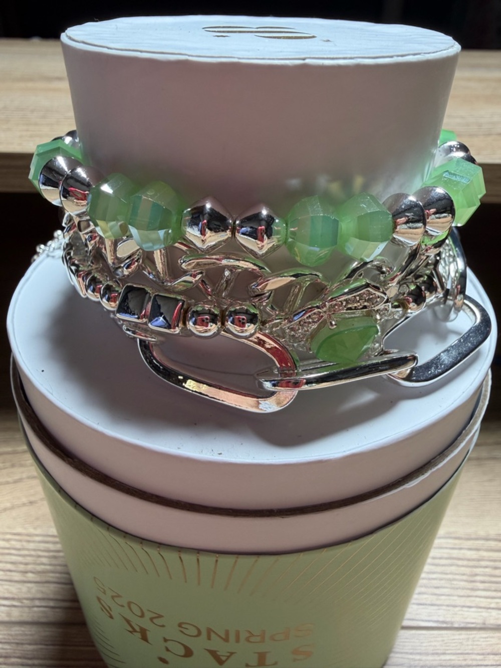 2025 spring stack Silver and Light Green Beaded Stretch Bracelet Set